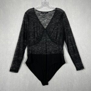 Eloquii Lace Bodysuit Top Size 16P Petite Black Sheer Long Sleeve V-neck